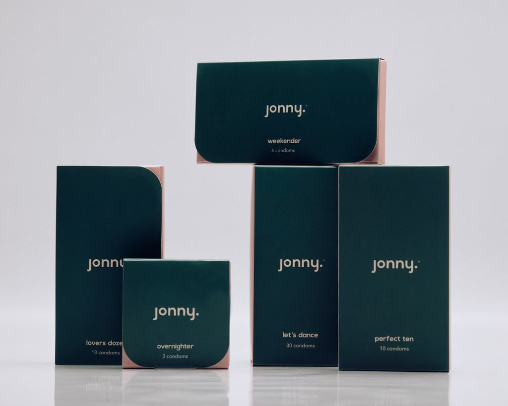 Range of Jonny vegan condoms packaging, promoting safe sex with eco-conscious values.